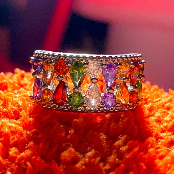Stunning sterling silver 925 ring,filigree band,multicolored sparkling crystals - Picture 7 of 13